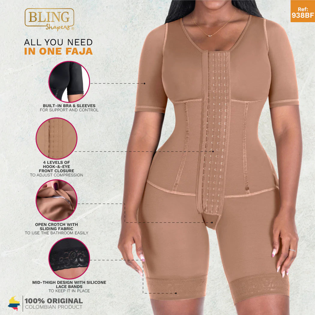 Curvy Divas 0938BF | Colombian Compression Garment for Women | Post Surgery Use | With Sleeves and Built-in Bra